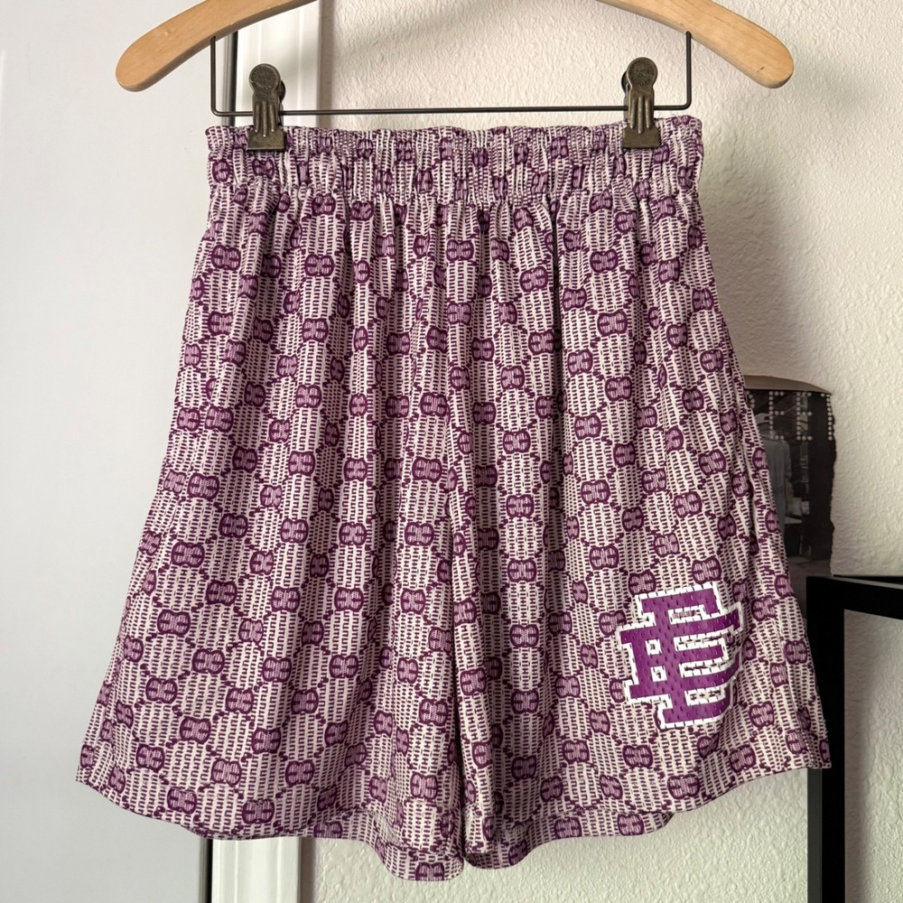 ERIC EMANUEL purple white logo monogram mesh basketball athletic pull on shorts